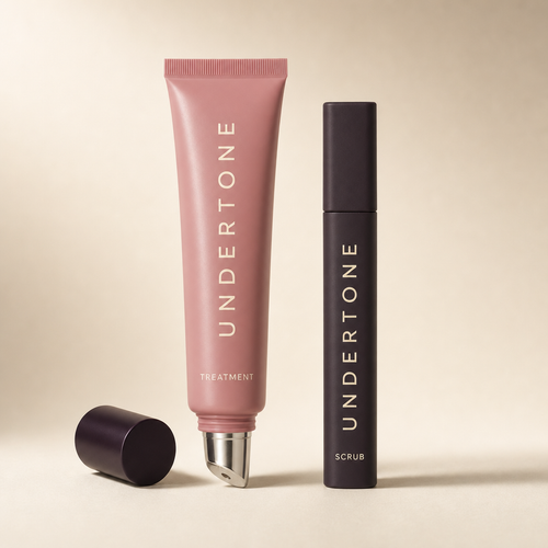 The Undertone Treatment tube and Scrub stick, cap off showing the metal applicator
