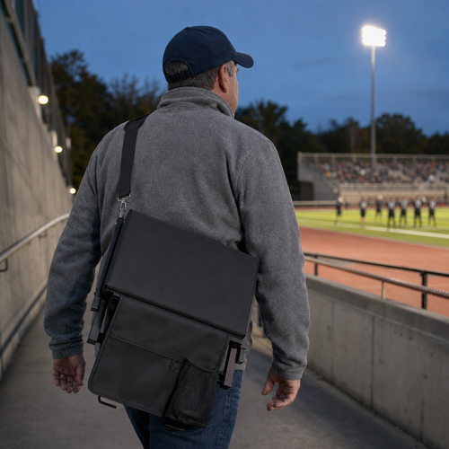 A man carrying the folded Full Game Chair over his shoulder on its strap, walking toward the stands